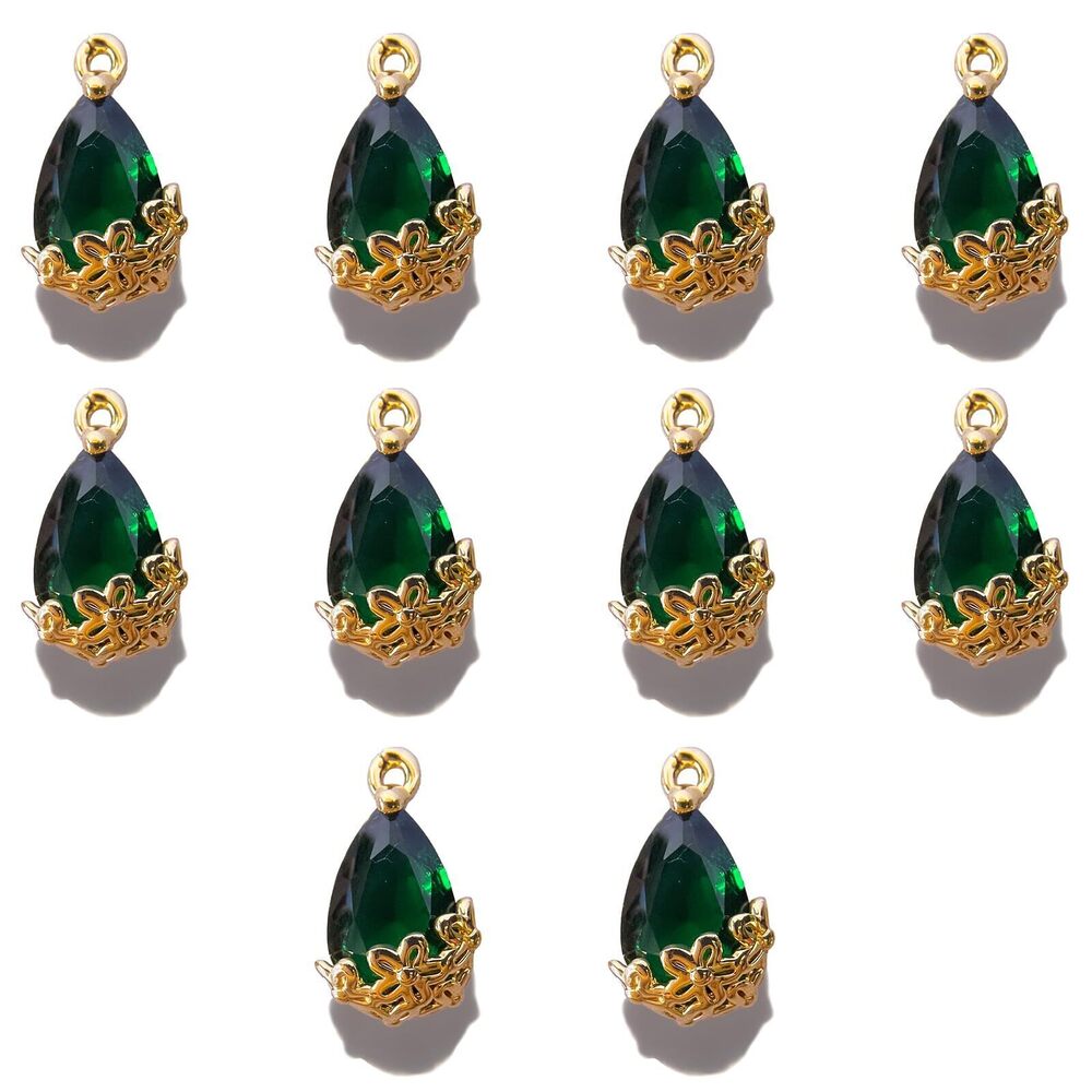 2416 10Pcs Small Teardrop Beads Green Glass Crystal Waterdrop Charms Gold